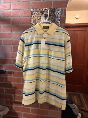 Short-Sleeve Striped Polo Shirt in Pale Yellow by cotton traders